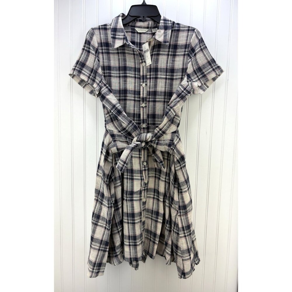 11 1 Tylho Anthropologie Women M Plaid Western Preppy Tie Front Shirt Dress NWT